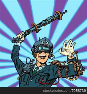 VR glasses. virtual reality. police violence, state censorship on the Internet concept. COP officer beat a baton. Pop art retro vector illustration vintage kitsch. VR glasses. virtual reality. police violence, state censorship o