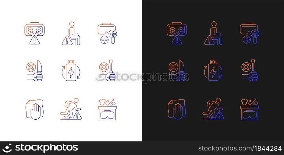 Vr guide gradient manual label icons set for dark and light mode. Thin line contour symbols bundle. Isolated vector outline illustrations collection on black and white for product use instructions. Vr guide gradient manual label icons set for dark and light mode