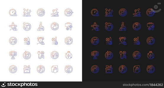 Vr headset gradient manual label icons set for dark and light mode. Thin line contour symbols bundle. Isolated vector outline illustrations collection on black and white for product use instructions. Vr headset gradient manual label icons set for dark and light mode