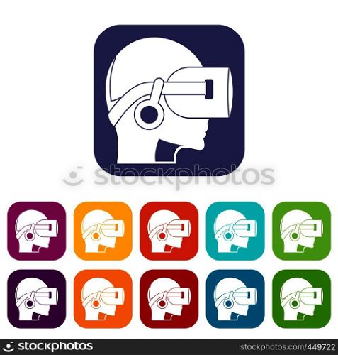 Vr headset icons set vector illustration in flat style In colors red, blue, green and other. Vr headset icons set flat