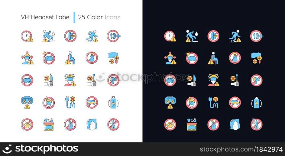 VR headset light and dark theme RGB color manual label icons set. Isolated vector illustrations on white and black space. Simple filled line drawings pack for product use instructions. VR headset light and dark theme RGB color manual label icons set