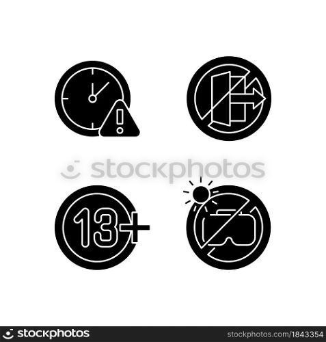 Vr headset usage prohibitions black glyph manual label icons set on white space. Age requirement and restrictions. Silhouette symbols. Vector isolated illustration for product use instructions. Vr headset usage prohibitions black glyph manual label icons set on white space