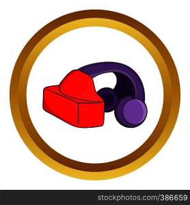 VR headset vector icon in golden circle, cartoon style isolated on white background. VR headset vector icon
