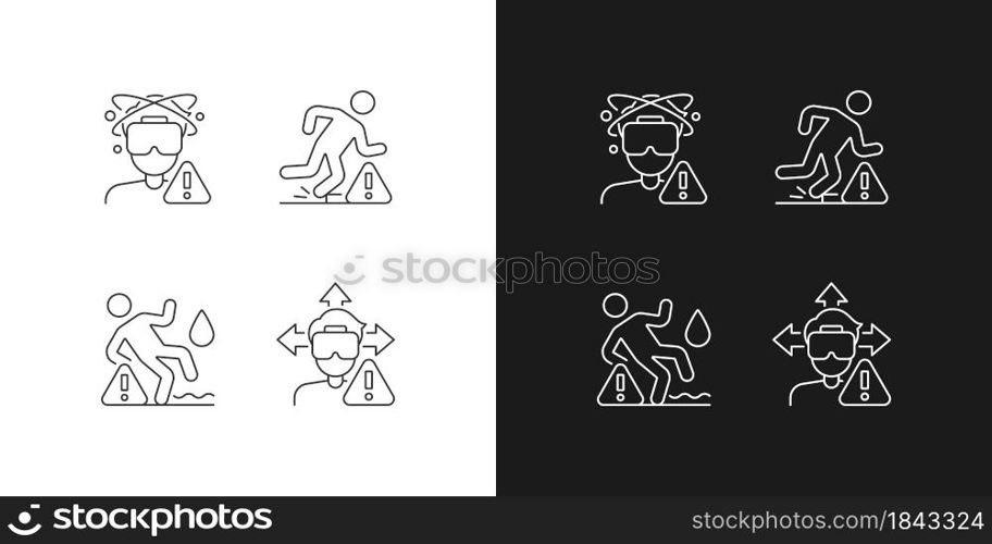 VR headset warning linear manual label icons set for dark and light mode. Customizable thin line symbols. Isolated vector outline illustrations for product use instructions. Editable stroke. VR headset warning linear manual label icons set for dark and light mode