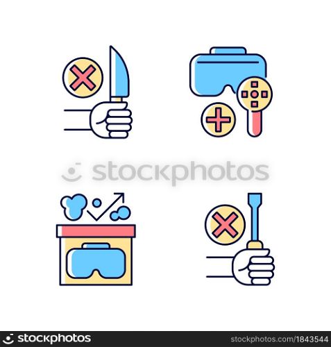 Vr helmet usage guide RGB color manual label icons set. VR glasses instructions and restrictions. Isolated vector illustrations. Simple filled line drawing for product use instructions collection. Virtual reality helmet usage guide RGB color manual label icons set