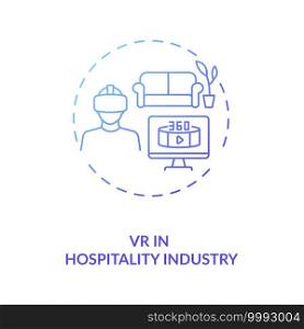VR in hospitality industry concept icon. Business travel covid travel idea thin line illustration. Service optimization. New normal. Business innovation. Vector isolated outline RGB color drawing. VR in hospitality industry concept icon