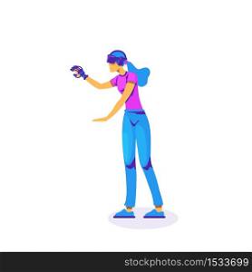 VR innovative experience flat color vector faceless character. Woman with glove and headset. Virtual reality experience isolated cartoon illustration for web graphic design and animation. VR innovative experience flat color vector faceless character