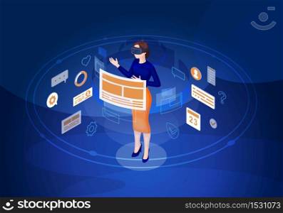 VR isometric vector illustration. Virtual reality interface and navigation. Futuristic digital technology. Virtual interactive screen. Augmented reality 3d concept. Player in VR glasses. Web banner. VR isometric vector illustration