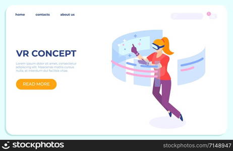 VR landing isometric concept. Young women characters use ar technology. Vector virtual reality mobile digital innovation illustrations for modern business and entertainment page concept. VR landing isometric concept. Young women characters use ar technology. Vector virtual reality concept