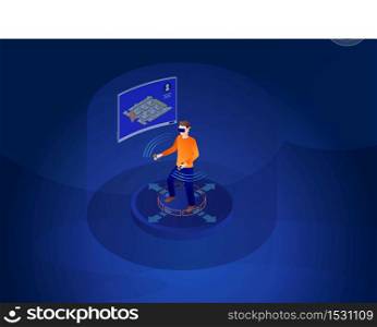 VR player isometric vector illustration. Virtual reality video game. Futuristic digital entertainment. Person playing 3d concept. Man in VR glasses with wireless controllers. Web banner idea. VR player isometric vector illustration