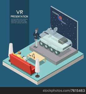 VR presentation concept with virtual exhibition symbols isometric vector illustration