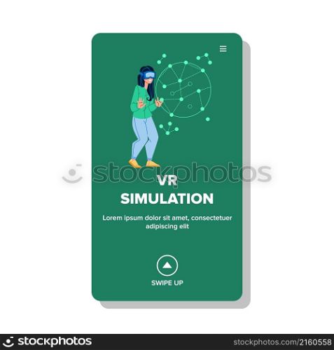 Vr simulation reality. game tech. technology 360. glasses camera simulate character web flat cartoon illustration. Vr simulation vector