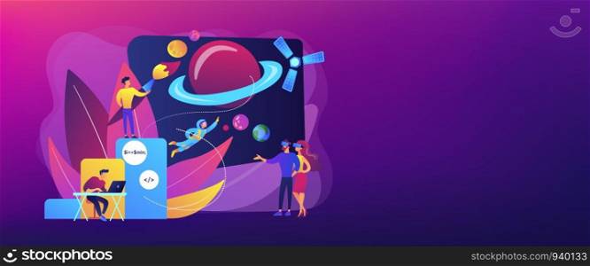 VR space exploration, virtual reality cosmos travel. Virtual world development, simulated environment experiences, virtual worlds design concept. Header or footer banner template with copy space.. Virtual world development concept banner header
