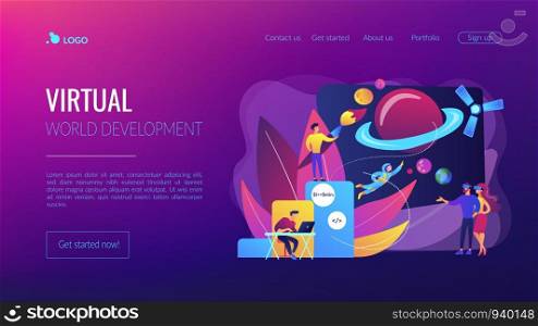 VR space exploration, virtual reality cosmos travel. Virtual world development, simulated environment experiences, virtual worlds design concept. Website homepage landing web page template.. Virtual world development concept landing page