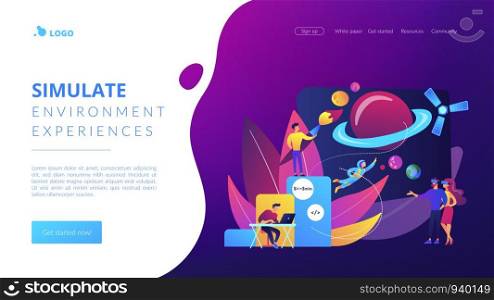 VR space exploration, virtual reality cosmos travel. Virtual world development, simulated environment experiences, virtual worlds design concept. Website homepage landing web page template.. Virtual world development concept landing page