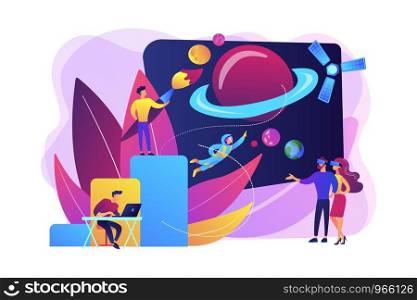 VR space exploration, virtual reality cosmos travel. Virtual world development, simulated environment experiences, virtual worlds design concept. Bright vibrant violet vector isolated illustration. Virtual world development concept vector illustration