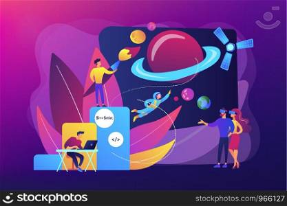 VR space exploration, virtual reality cosmos travel. Virtual world development, simulated environment experiences, virtual worlds design concept. Bright vibrant violet vector isolated illustration. Virtual world development concept vector illustration