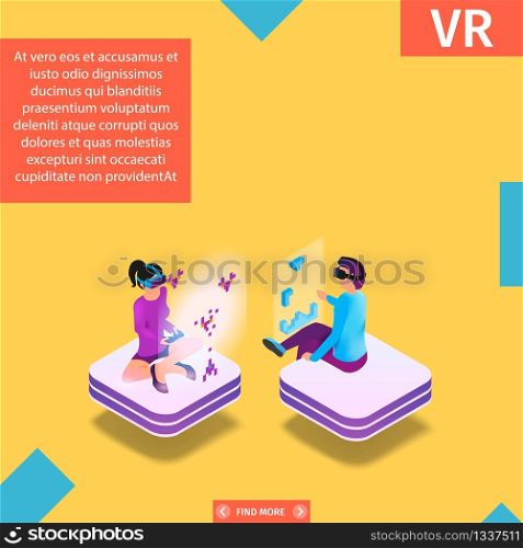 VR Square Banner. Gaming in Augmented Virtual Reality. Man and Woman Play Video Game Using Virtual Reality Glasses Sitting Face to Face. Entertainment Industry. 3D Isometric Flat Vector Illustration. Gaming in Augmented Virtual Reality Square Banner
