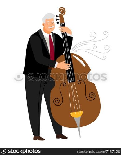 Vrtuoso contrabassist man, player jazz contrabass, performance play with bass. Vector illustration. Vrtuoso contrabassist man, player jazz contrabass vector