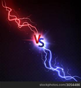 Vs lightning. Thunderstorms and shining lightnings powerful collision with vs symbol. Sport logo match and game, versus vector electric bright light concept in darkness. Vs lightning. Thunderstorms and shining lightnings powerful collision with vs symbol. Sport logo match and game, versus vector concept