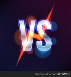 Vs or versus lightning sign. Game, sport confrontation or challenge. Vector symbol with white letters, flash, red and blue glow and blur effect. Sports fight, competition, martial arts battle. Vs or versus lightning sign, game, sport challenge