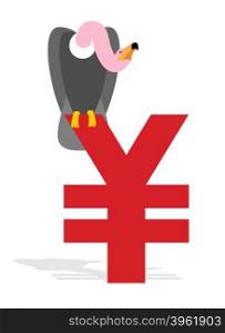 Vulture and Chinese Yen. Grief and sign of money in China. Scavenger birds of prey and national currency in China. Business illustration