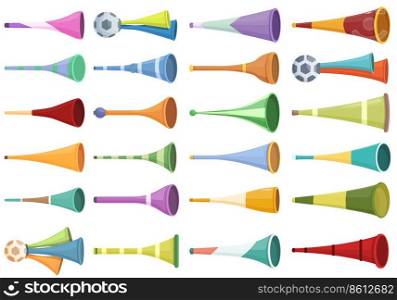 Vuvuzela icons set cartoon vector. South Africa. Soccer horn. Vuvuzela icons set cartoon vector. South Africa