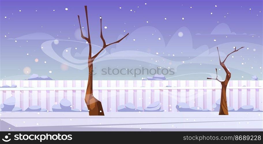 W∫er landscape of backyard with bare trees, fence, white snow and wind. Vector cartoon illustration of empty yard, garden or park with snowy lawn, fencing and blizzard. W∫er landscape of backyard with snow