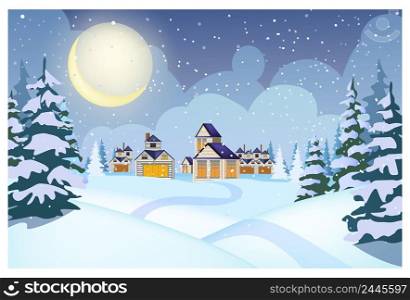 W∫er landscape with cotta≥s, snowdrifts and fir-trees vector illustration. Snowy night villa≥sce≠. Christmas or New Year concept. For websites, wallpapers, posters or ban≠rs