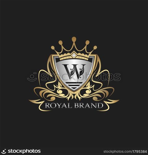 W Letter Gold Shield Logo. Elegant vector logo badge template with alphabet letter on shield frame ornate vector design.