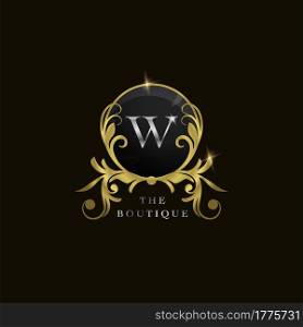 W Letter Golden Circle Shield Luxury Boutique Logo, vector design concept for initial, luxury business, hotel, wedding service, boutique, decoration and more brands.