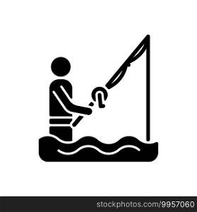 Wade fishing black glyph icon. Casting spinning rod from the water. Outdoor activities. Trophy fishing. Equipment for catching fish. Silhouette symbol on white space. Vector isolated illustration. Wade fishing black glyph icon