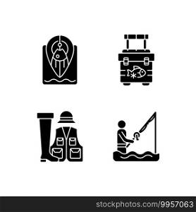 Wade fishing black glyph icons set on white space. Fishing spot. Portative cooler. Spinninga casting. Fisher in water. Special fisherman clothing. Silhouette symbols. Vector isolated illustration. Wade fishing black glyph icons set on white space