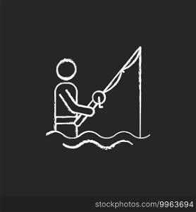 Wade fishing chalk white icon on black background. Casting spinning rod from the water. Outdoor activities. Trophy fishing. Equipment for catching fish. Isolated vector chalkboard illustration. Wade fishing chalk white icon on black background