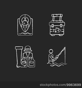 Wade fishing chalk white icons set on black background. Fishing spot. Portative cooler. Spinninga casting. Fisher in water. Special fisherman clothing. Isolated vector chalkboard illustrations. Wade fishing chalk white icons set on black background