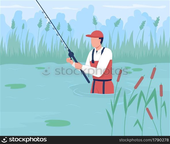Wade fishing flat color vector illustration. Angling without boat. Catching trout and redfish in pond, river. Angler with fishing rod 2D cartoon character with lake and reed grass on background. Wade fishing flat color vector illustration