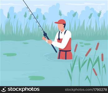 Wade fishing flat color vector illustration. Angling without boat. Catching trout and redfish in pond, river. Angler with fishing rod 2D cartoon character with lake and reed grass on background. Wade fishing flat color vector illustration