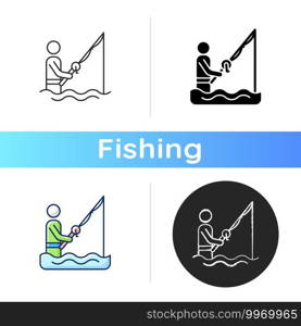 Wade fishing icon. Casting spinning rod from the water. Outdoor activities. Trophy fishing. Equipment for catching fish. Linear black and RGB color styles. Isolated vector illustrations. Wade fishing icon