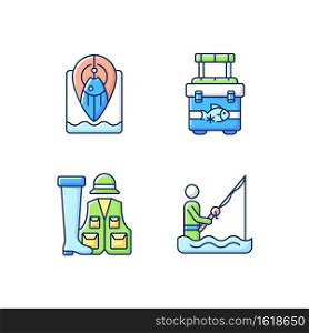 Wade fishing RGB color icons set. Fishing spot. Hobby and leisure activity. Portative cooler. Spinninga casting. Fisher in water. Special fisherman clothing. Isolated vector illustrations. Wade fishing RGB color icons set