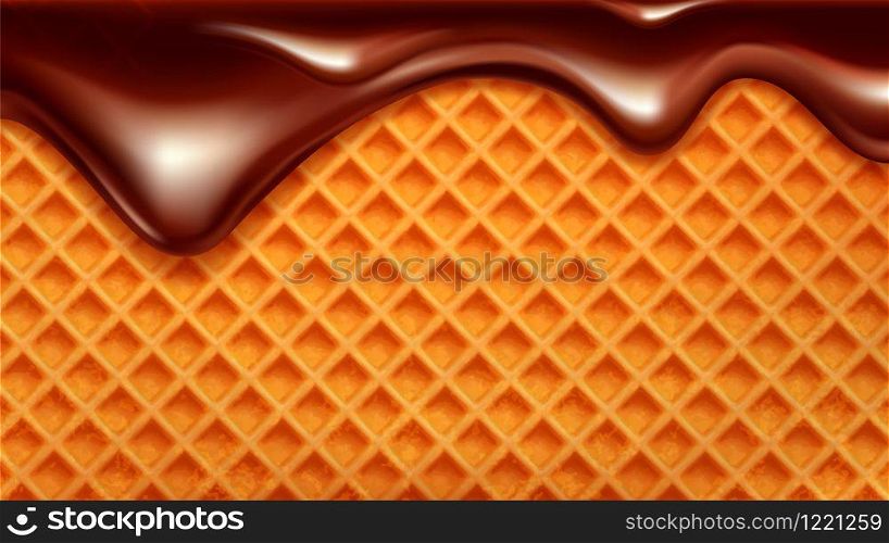 Wafer Cake With Flowing Down Chocolate Vector. Wafer Biscuit For Ice Cream Or Cracker. Crispy Baked Delicious Dessert With Syrup. Confectionery Waffle Texture Concept Layout Realistic 3d Illustration. Wafer Cake With Flowing Down Chocolate Vector