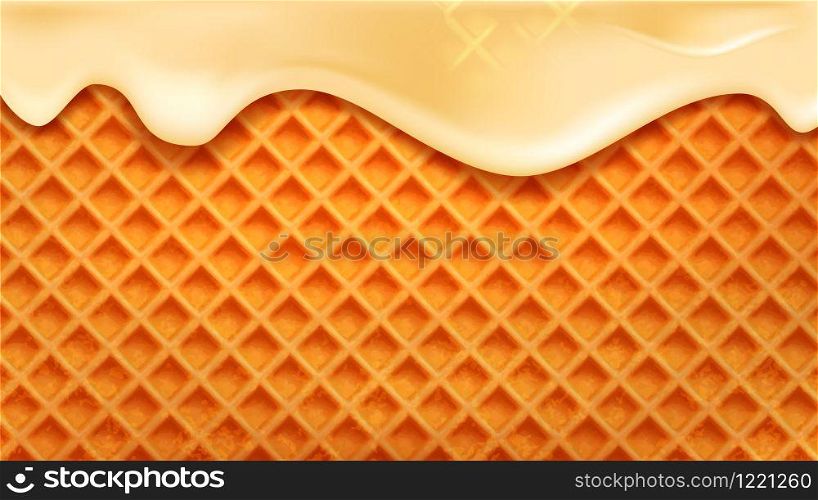 Wafer Cake With Flowing Down Vanilla Cream Vector. Wafer Biscuit For Cookie. Crispy Baked Tasty Dessert With Caramel Syrup. Confectionery Waffle Texture Concept Mockup Realistic 3d Illustration. Wafer Cake With Flowing Down Vanilla Cream Vector