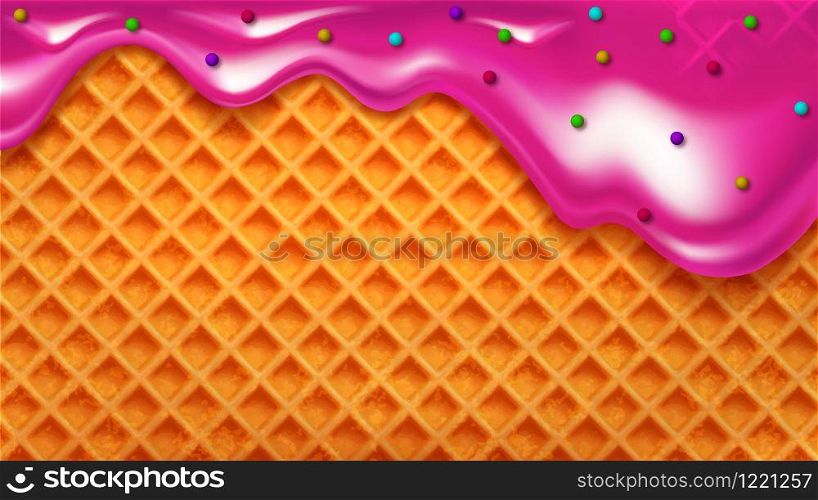 Wafer Cake With Rose Cream And Sweet Balls Vector. Wafer Biscuit For Jelly Pastry. Crispy Baked Delicious Dessert. Confectionery Waffle Texture Concept Template Realistic 3d Illustration. Wafer Cake With Rose Cream And Sweet Balls Vector