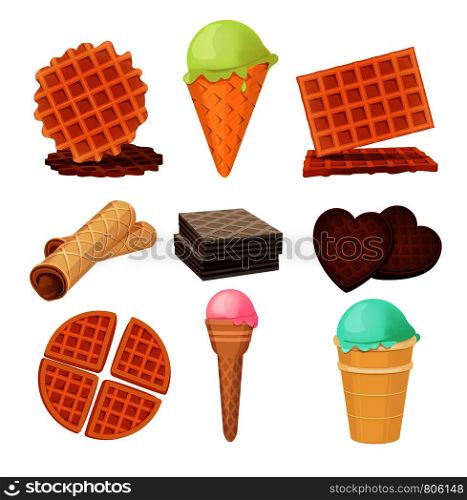 Waffels desserts. Set of vector pictures isolate. Dessert waffle food with cream chocolate, sweet cookie illustration. Waffels desserts. Set of vector pictures isolate
