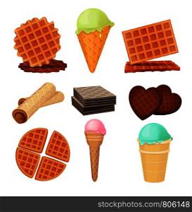 Waffels desserts. Set of vector pictures isolate. Dessert waffle food with cream chocolate, sweet cookie illustration. Waffels desserts. Set of vector pictures isolate