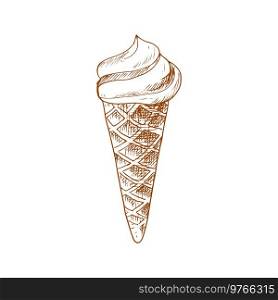 Waffle cone ice-cream isolated refreshing summer dessert sketch. Vector gelato ice cream hand drawn fastfood snack. Ice cream, waffle cone with swirl isolated sketch