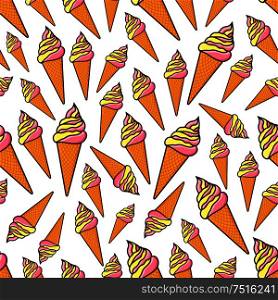 Waffle cone ice cream seamless pattern with strawberry and vanilla ice cream cones randomly scattered over white background. Dessert food or snack background design. Fruity and vanilla ice cream seamlss pattern