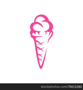 Waffle cone with ice cream balls isolated. Vector pink strawberry gelato with scoops. Strawberry icecream with scoops isolated