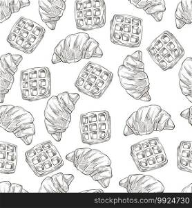 Waffles and croissants seamless pattern of desserts, menu of restaurant or cafe. Buttery bakery assortment, wheat based products. Pastry cuisine, monochrome sketch outline, vector in flat style. Croissants and waffles, desserts baked food seamless pattern