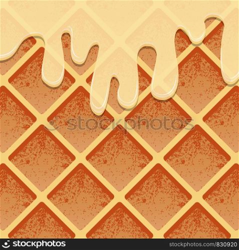 Waffles in condensed milk. A realistic texture of the products. Place for your text. Waffles in condensed milk. A realistic texture of the products