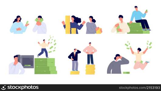 Wage inequality. Woman man salary gap, corporate working. Businesswoman compare pay. Income coins money, flat finance growth vector set. Illustration inequality wage discrimination, salary difference. Wage inequality. Woman man salary gap, corporate working. Businesswoman compare pay. Income coins money, flat finance growth utter vector set